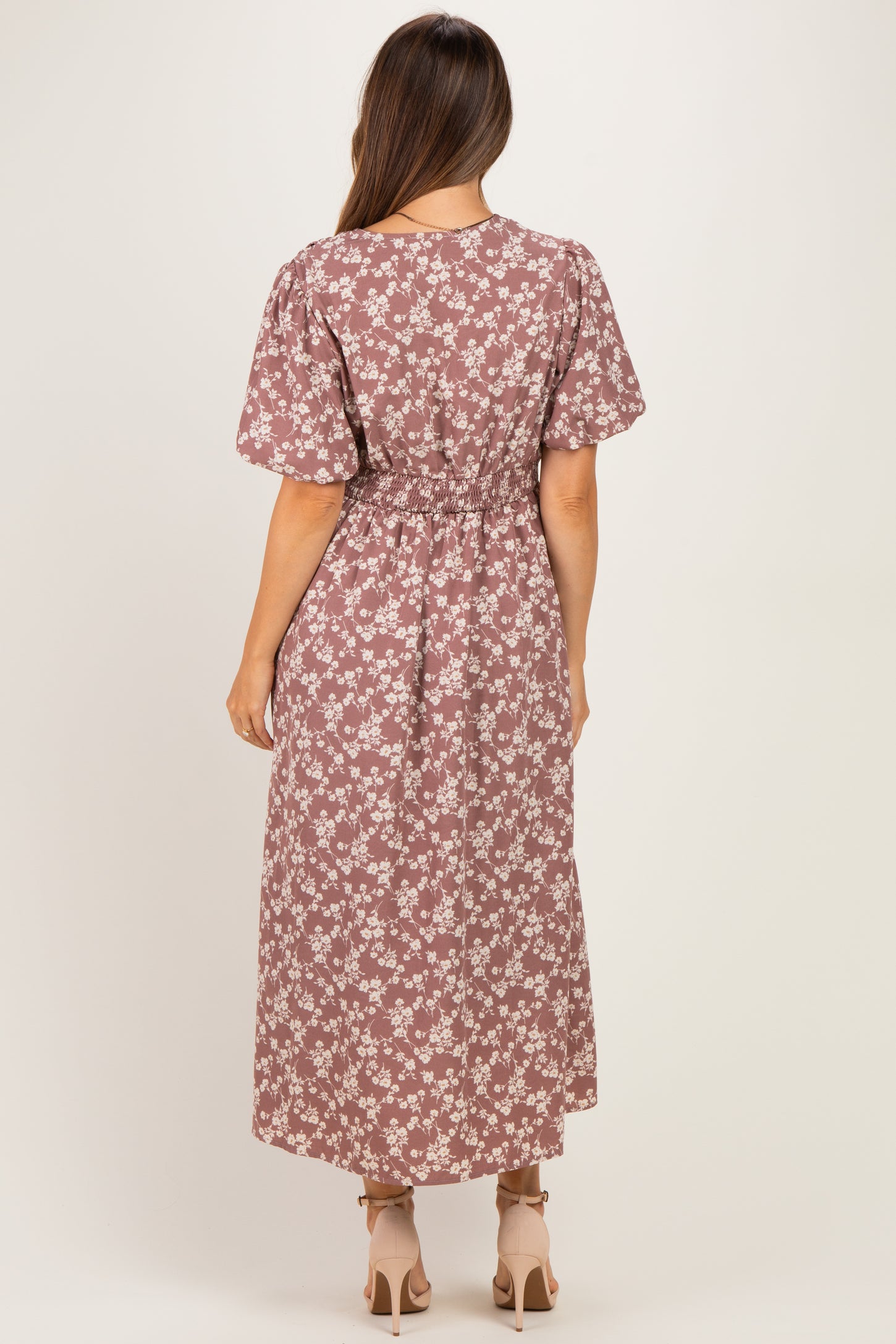 Mauve Floral Pleated Waist Maternity Midi Dress