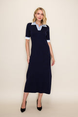 Navy Contrast Collar Short Sleeve Sweater Dress