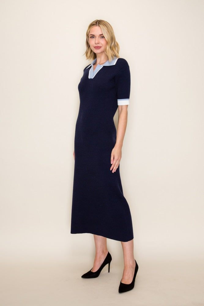 Navy Contrast Collar Short Sleeve Sweater Dress