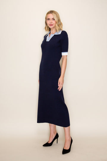 Navy Contrast Collar Short Sleeve Sweater Dress