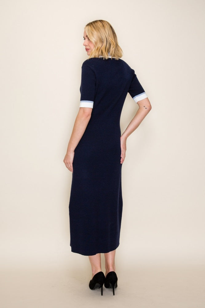 Navy Contrast Collar Short Sleeve Sweater Dress