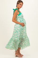 Green Floral Shoulder Bow Maternity Maxi Dress