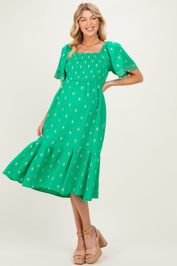Kelly Green Smocked Embroidered Maternity Midi Dress