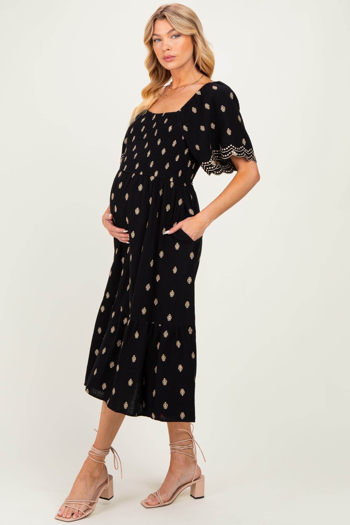 Black Smocked Embroidered Maternity Midi Dress