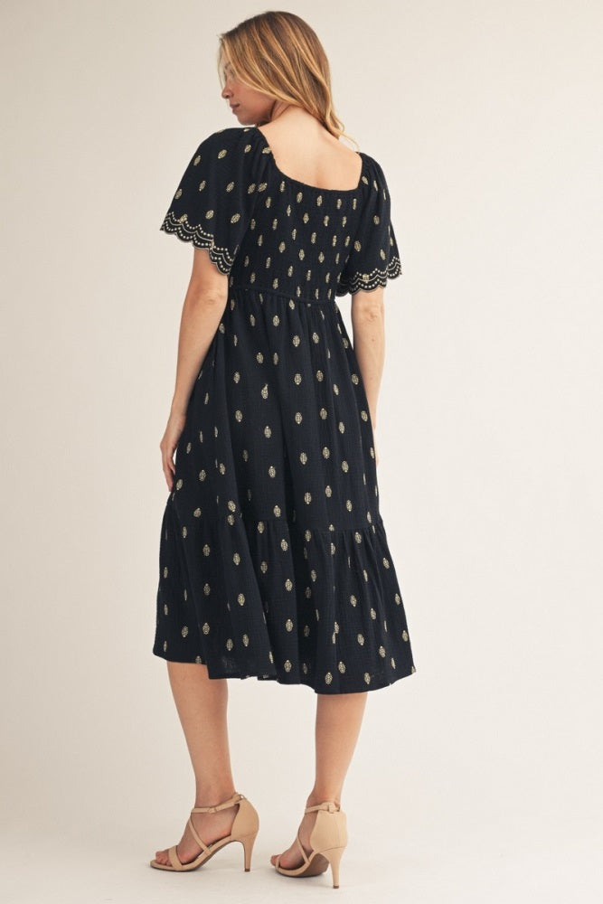 Black Smocked Embroidered Midi Dress