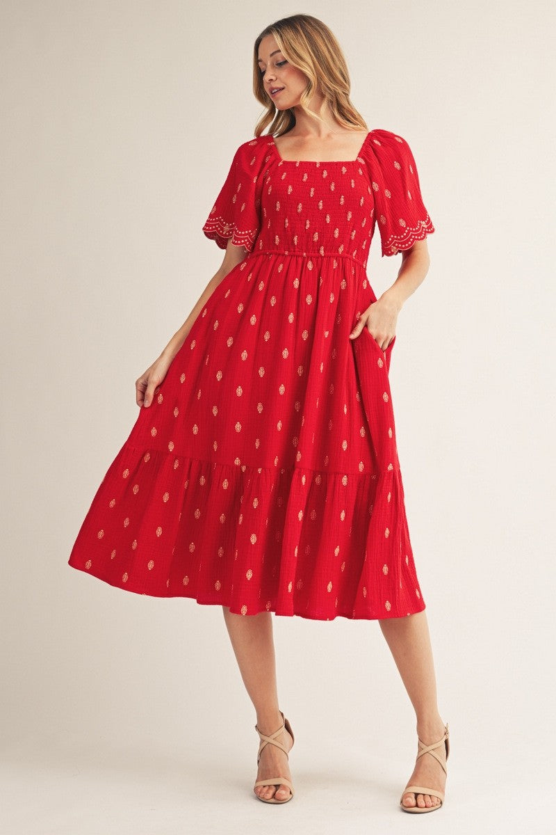 Red Smocked Embroidered Maternity Midi Dress