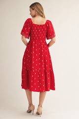 Red Smocked Embroidered Midi Dress
