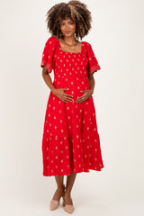 Red Smocked Embroidered Maternity Midi Dress