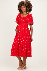 Red Smocked Embroidered Maternity Midi Dress