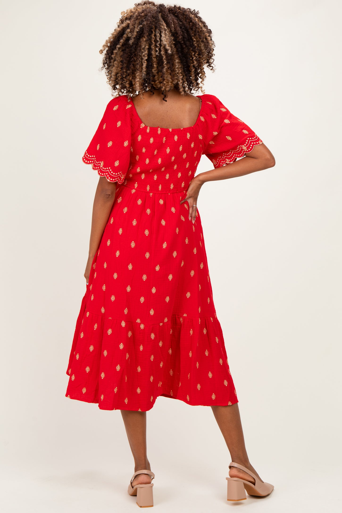 Red Smocked Embroidered Maternity Midi Dress