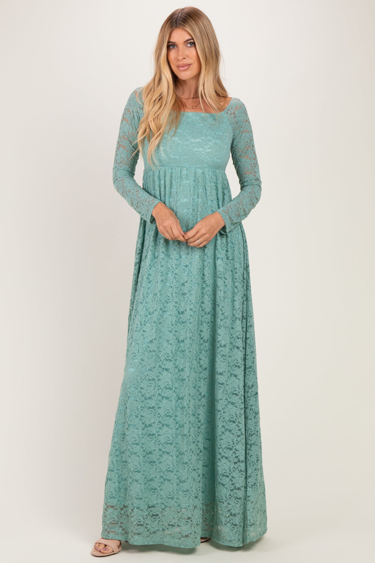 Blue Surf Floral Lace Long Sleeve Off Shoulder Maxi Dress
