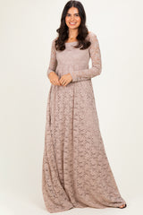 Mocha Floral Lace Long Sleeve Off Shoulder Maternity Maxi Dress