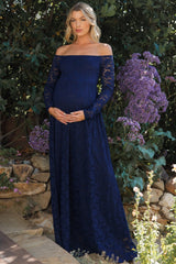 Navy Floral Lace Long Sleeve Off Shoulder Maternity Maxi Dress