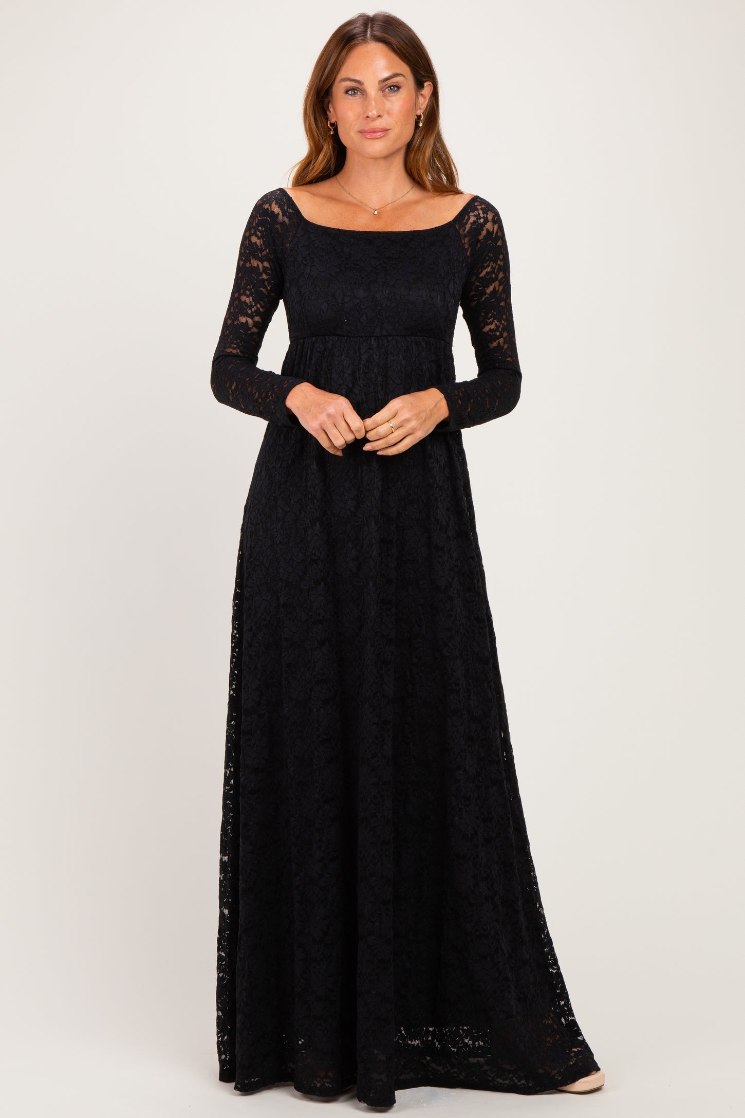 Black Floral Lace Long Sleeve Off Shoulder Maternity Maxi Dress