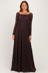 Brown Floral Lace Long Sleeve Off Shoulder Maxi Dress