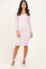 Light Pink Long Sleeve Fitted Lace Maternity Dress