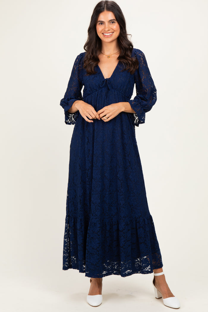 Navy Floral Lace 3/4 Ruffle Sleeve V-Neck Maternity Maxi Dress