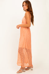 Peach Sleeveless Lace Maxi Dress