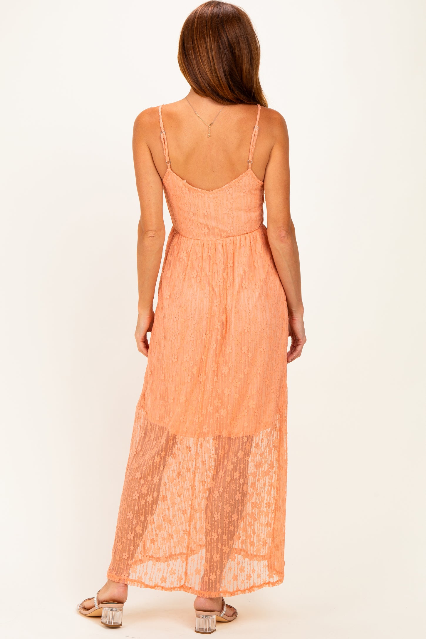Peach Sleeveless Lace Maxi Dress