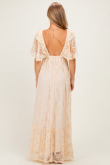 Beige Lace Flutter Sleeve Tiered Maxi Dress