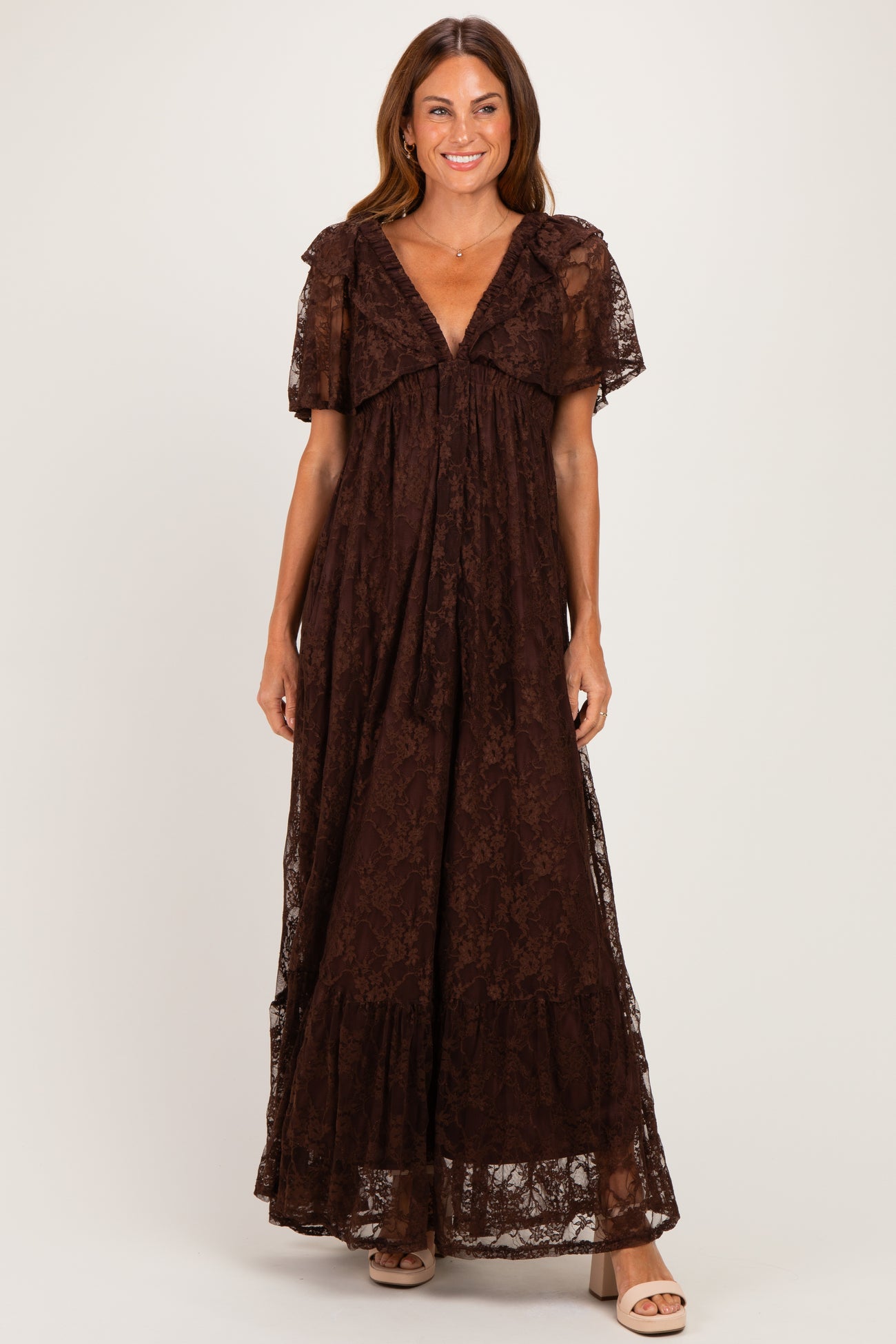 Brown Lace Flutter Sleeve Tiered Maternity Maxi Dress