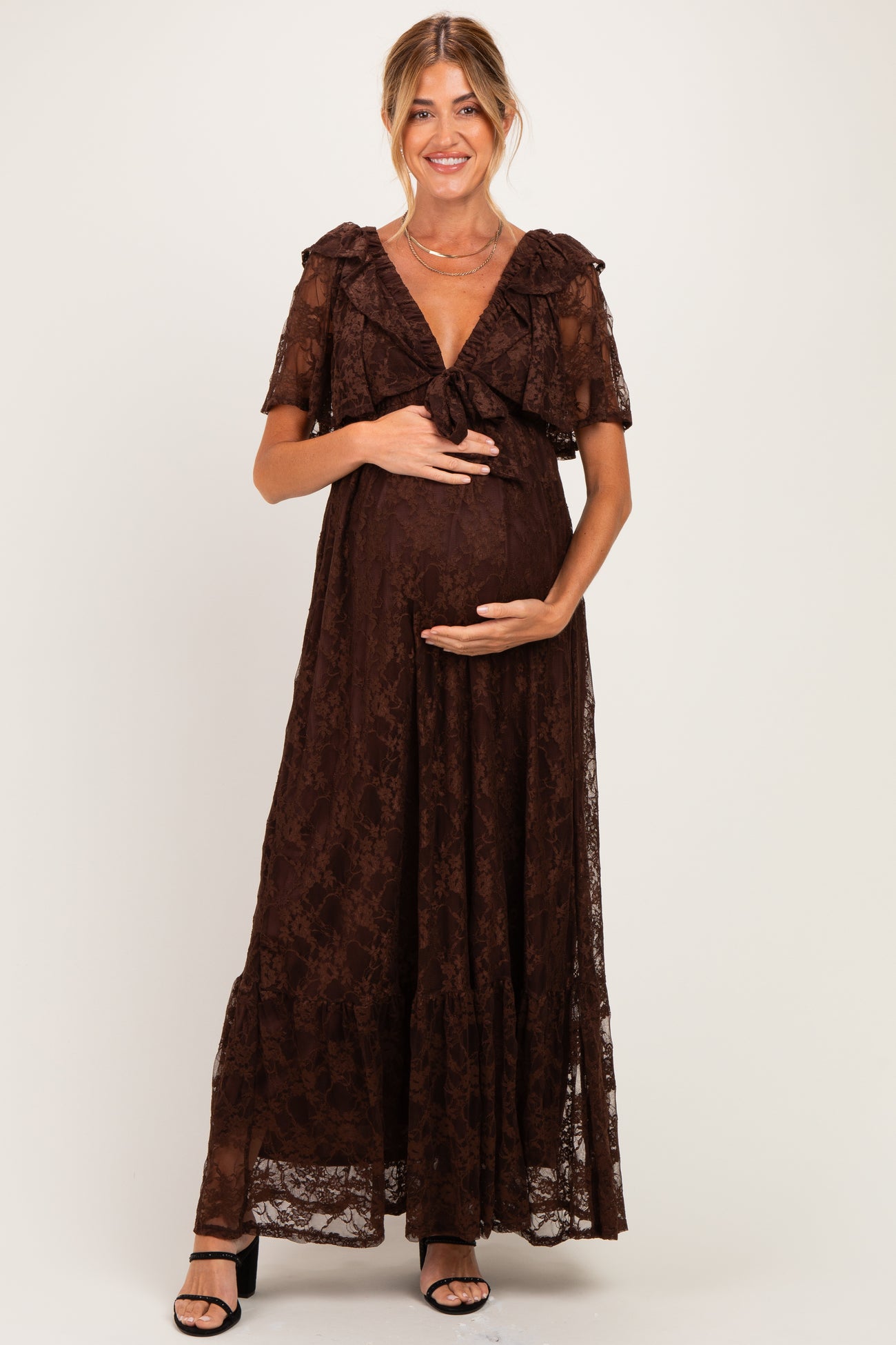 Brown Lace Flutter Sleeve Tiered Maternity Maxi Dress