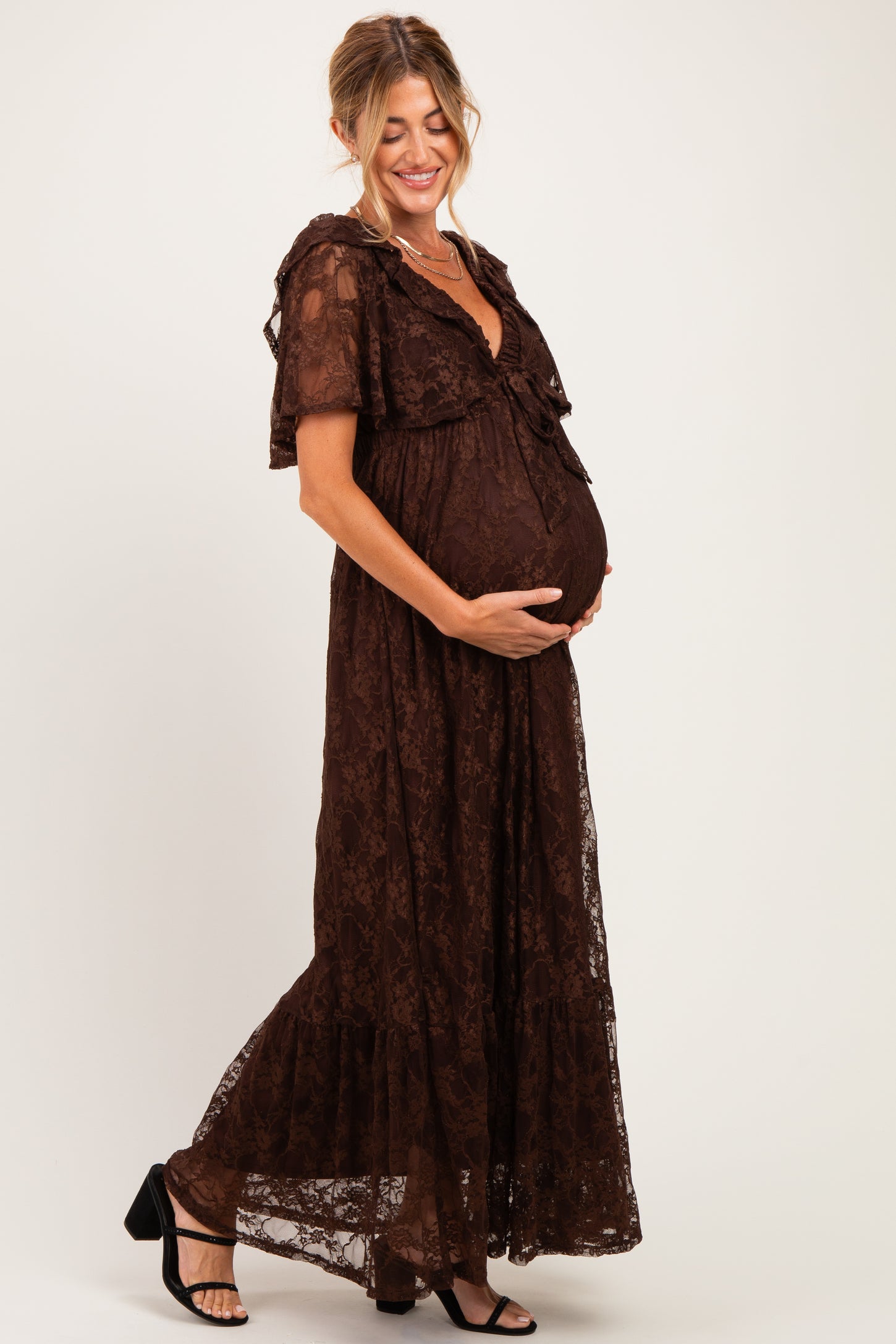 Brown Lace Flutter Sleeve Tiered Maternity Maxi Dress