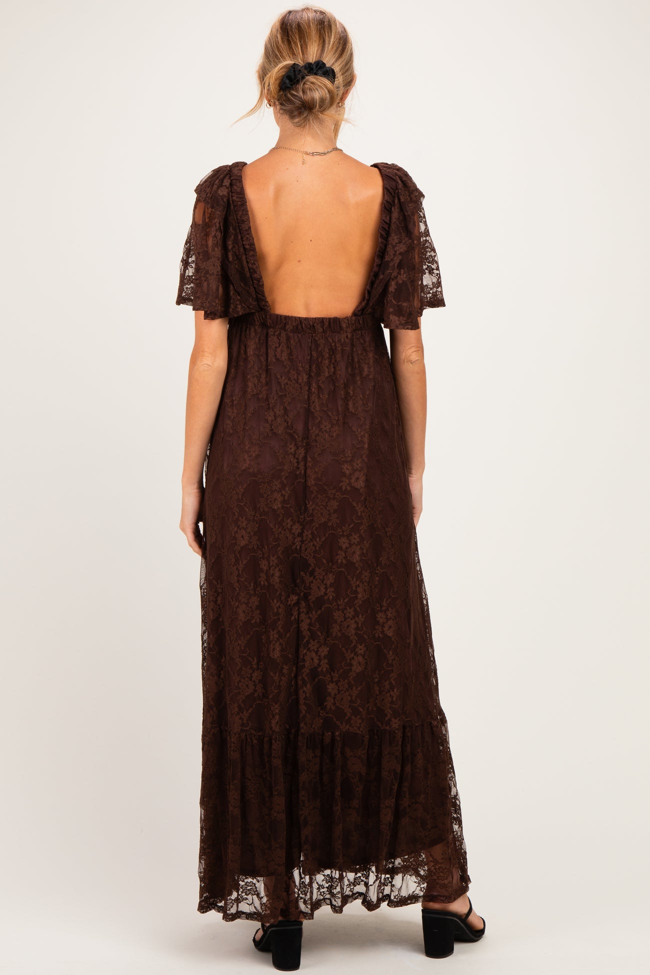 Brown Lace Flutter Sleeve Tiered Maternity Maxi Dress