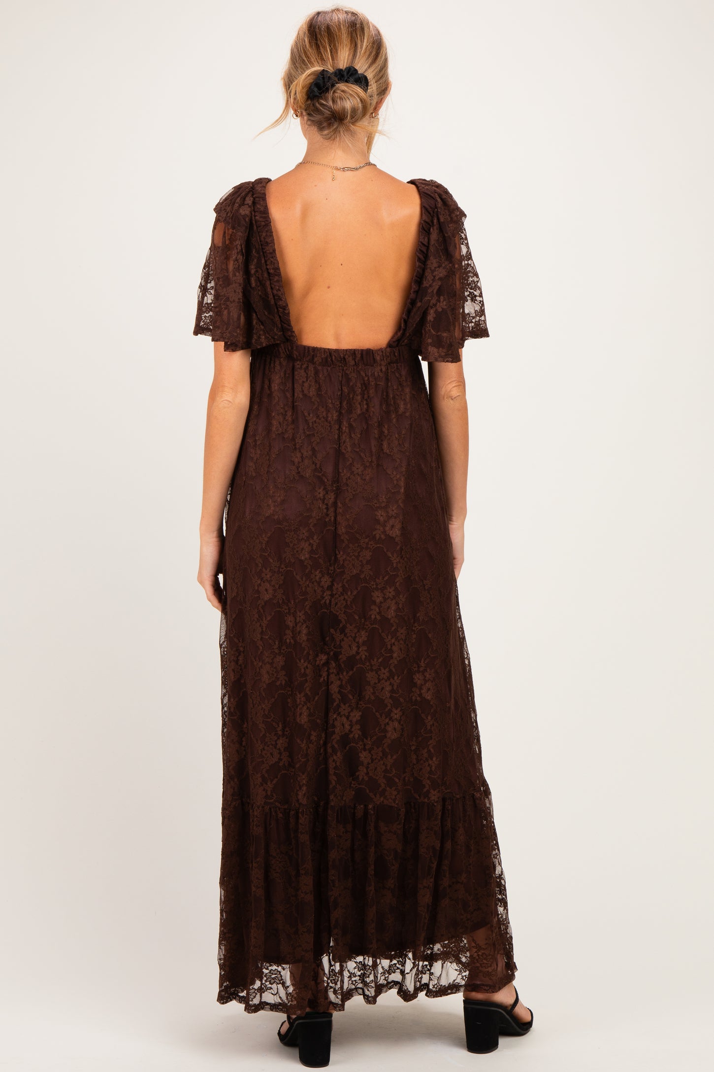 Brown Lace Flutter Sleeve Tiered Maternity Maxi Dress