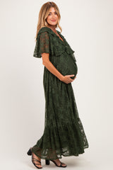 Olive Lace Flutter Sleeve Tiered Maternity Maxi Dress