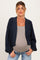 woman wearing a navy maternity cardigan over a gray top and showing her baby bump
