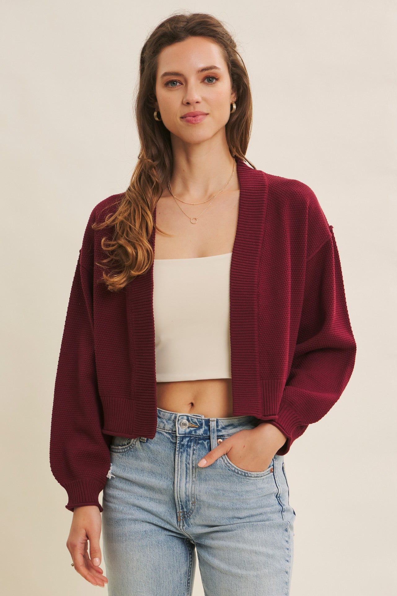 Burgundy Waffle Knit Balloon Sleeve Maternity Cardigan
