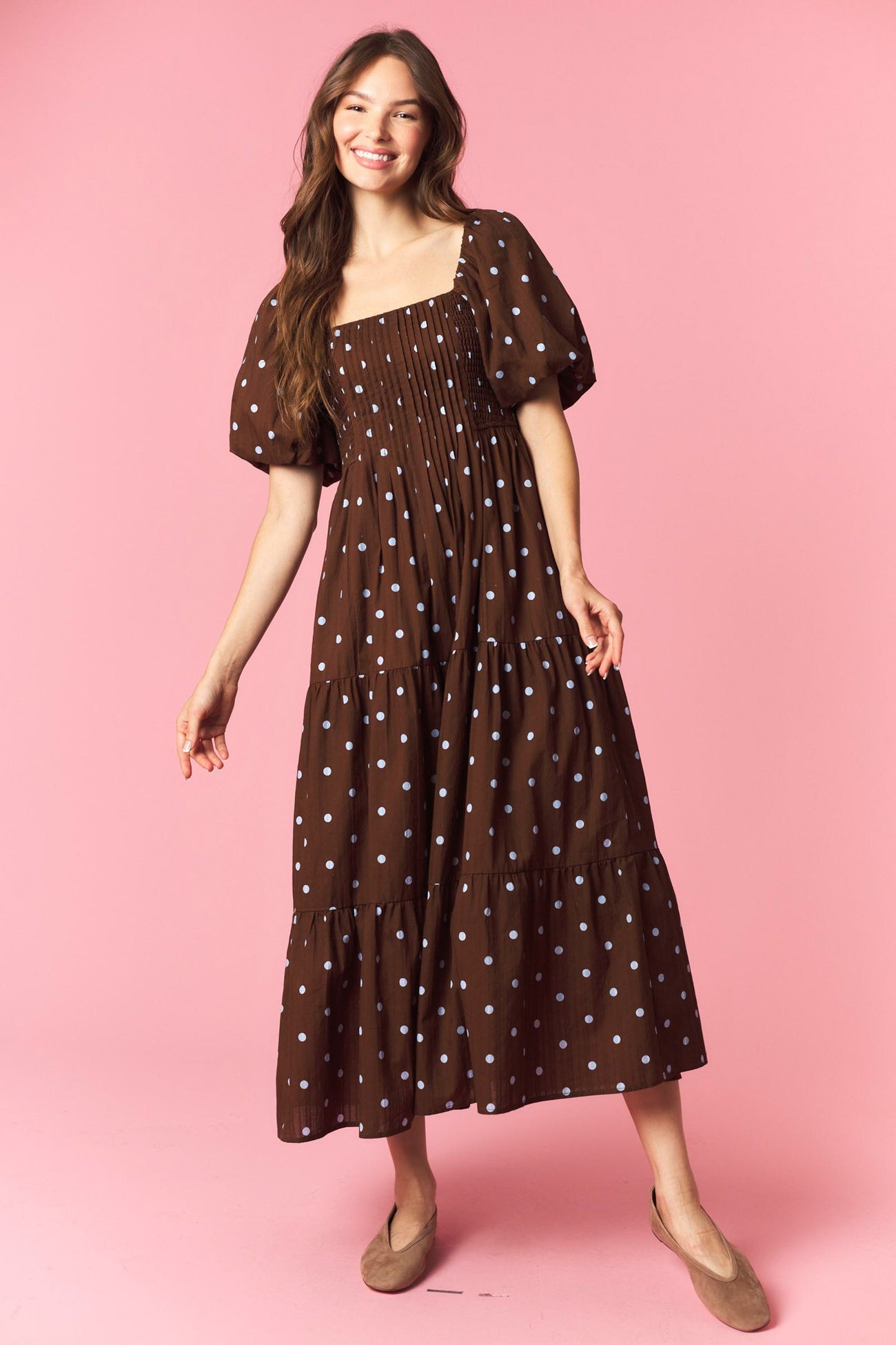 Brown Polka Dot Pleated Bust Midi Dress