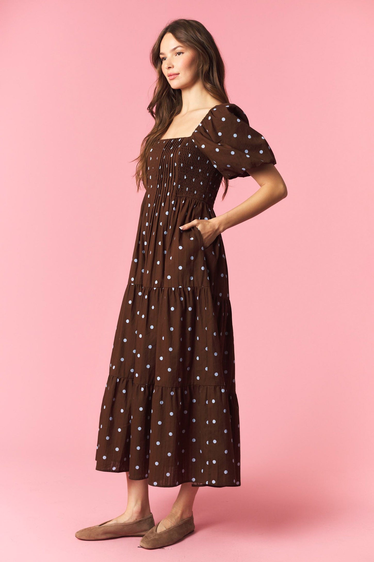 Brown Polka Dot Pleated Bust Midi Dress