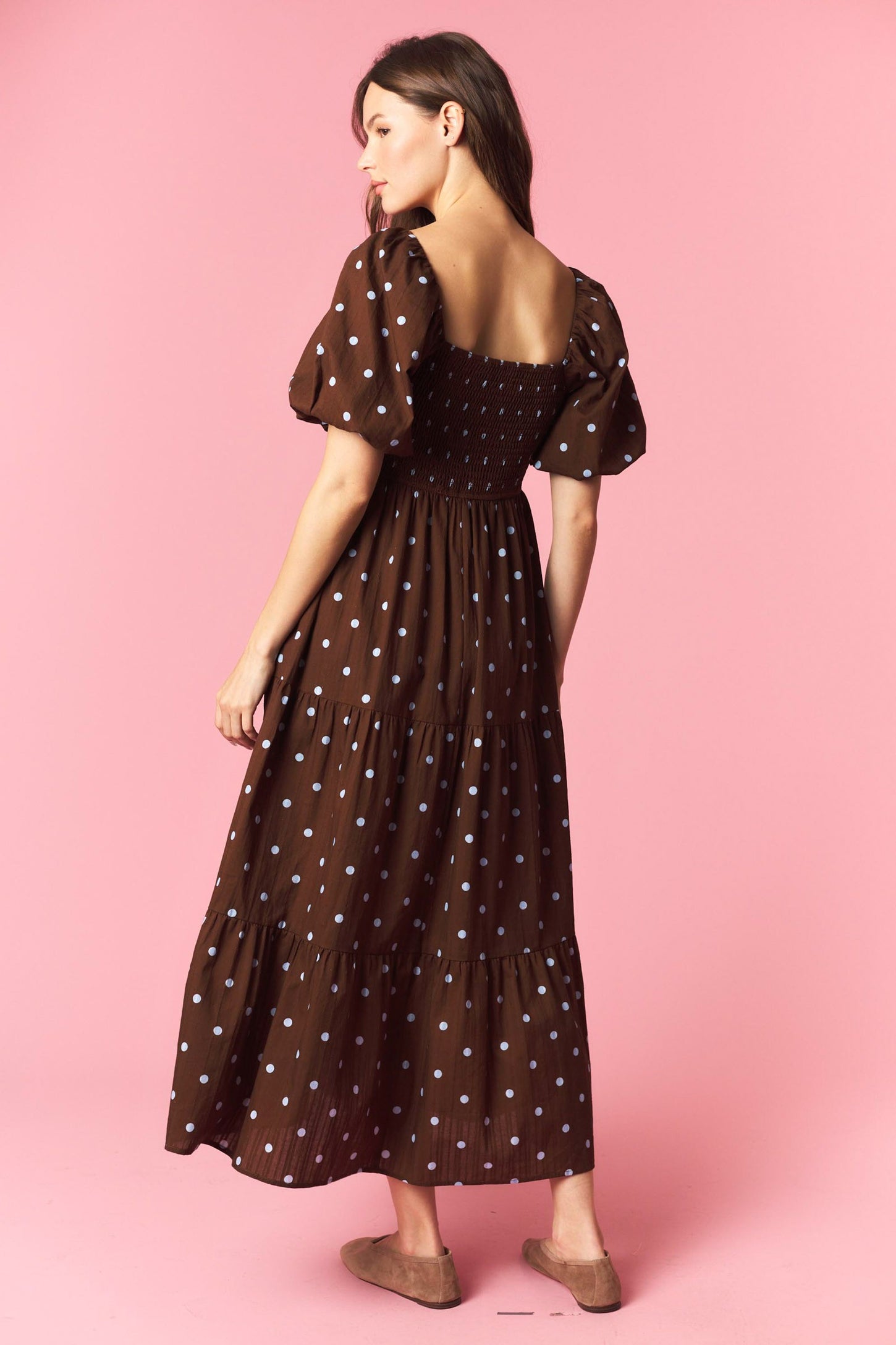 Brown Polka Dot Pleated Bust Midi Dress
