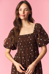 Brown Polka Dot Pleated Bust Midi Dress