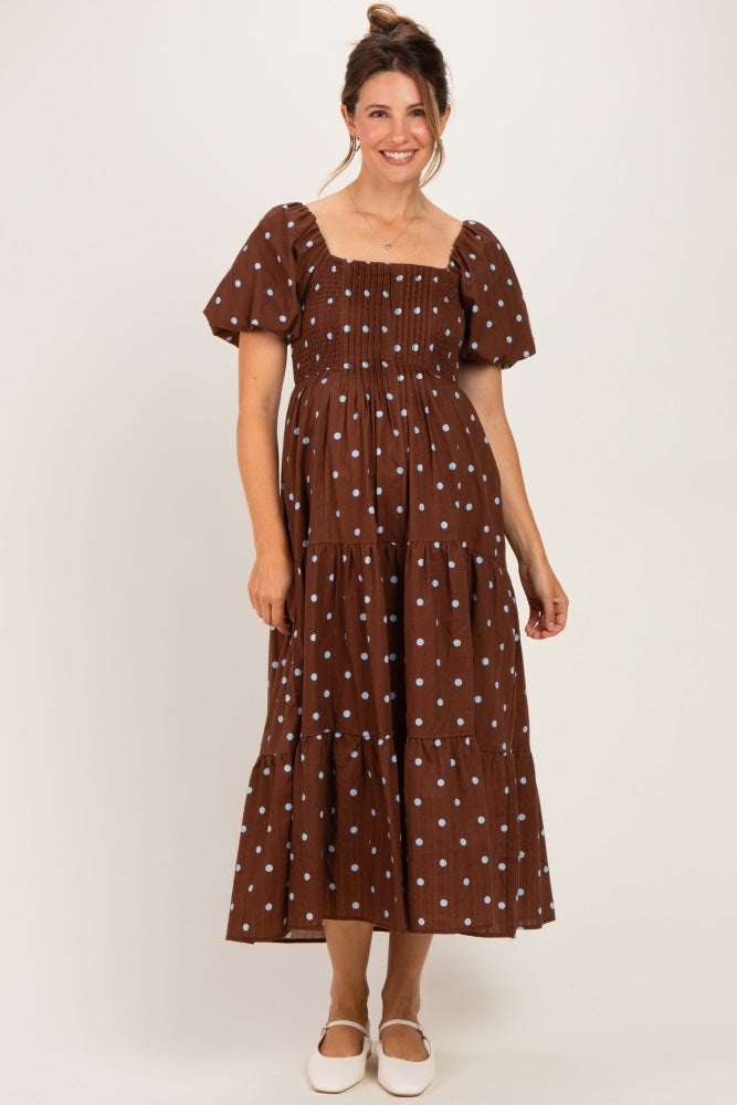 Brown Polka Dot Pleated Bust Maternity Midi Dress