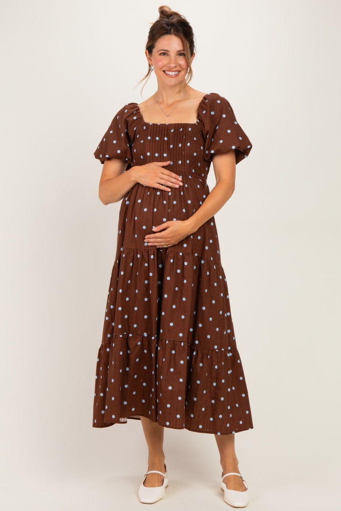 Brown Polka Dot Pleated Bust Maternity Midi Dress