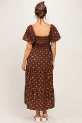Brown Polka Dot Pleated Bust Maternity Midi Dress