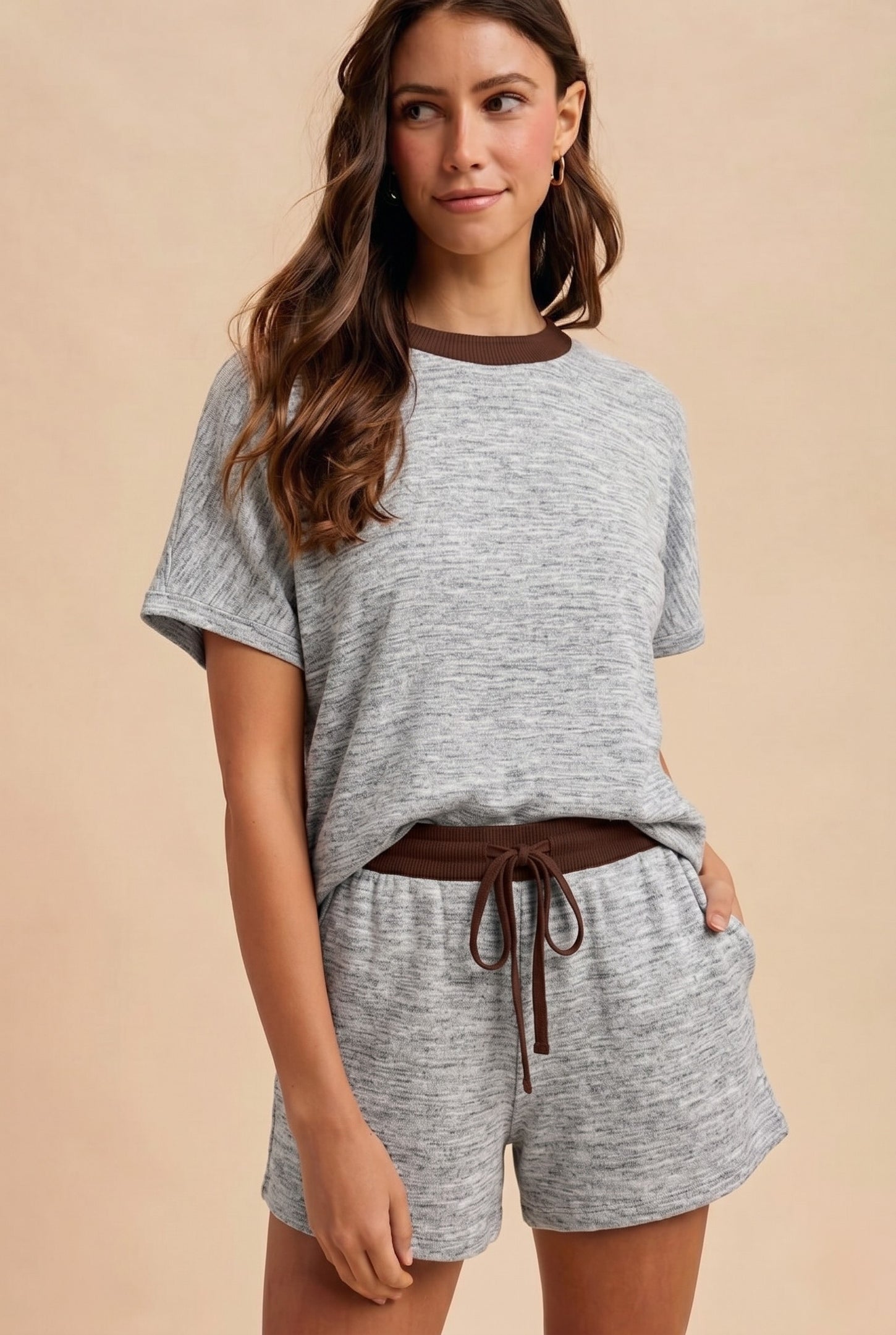 Light Grey Melange Knit Short Sleeve Top Shorts Maternity Set