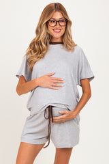 Light Grey Melange Knit Short Sleeve Top Shorts Maternity Set