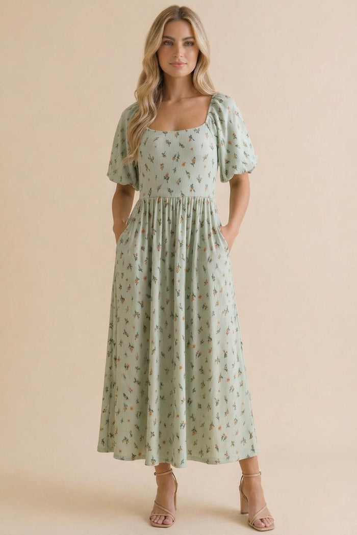 Sage Floral Square Neck Puff Sleeve Maternity Dress