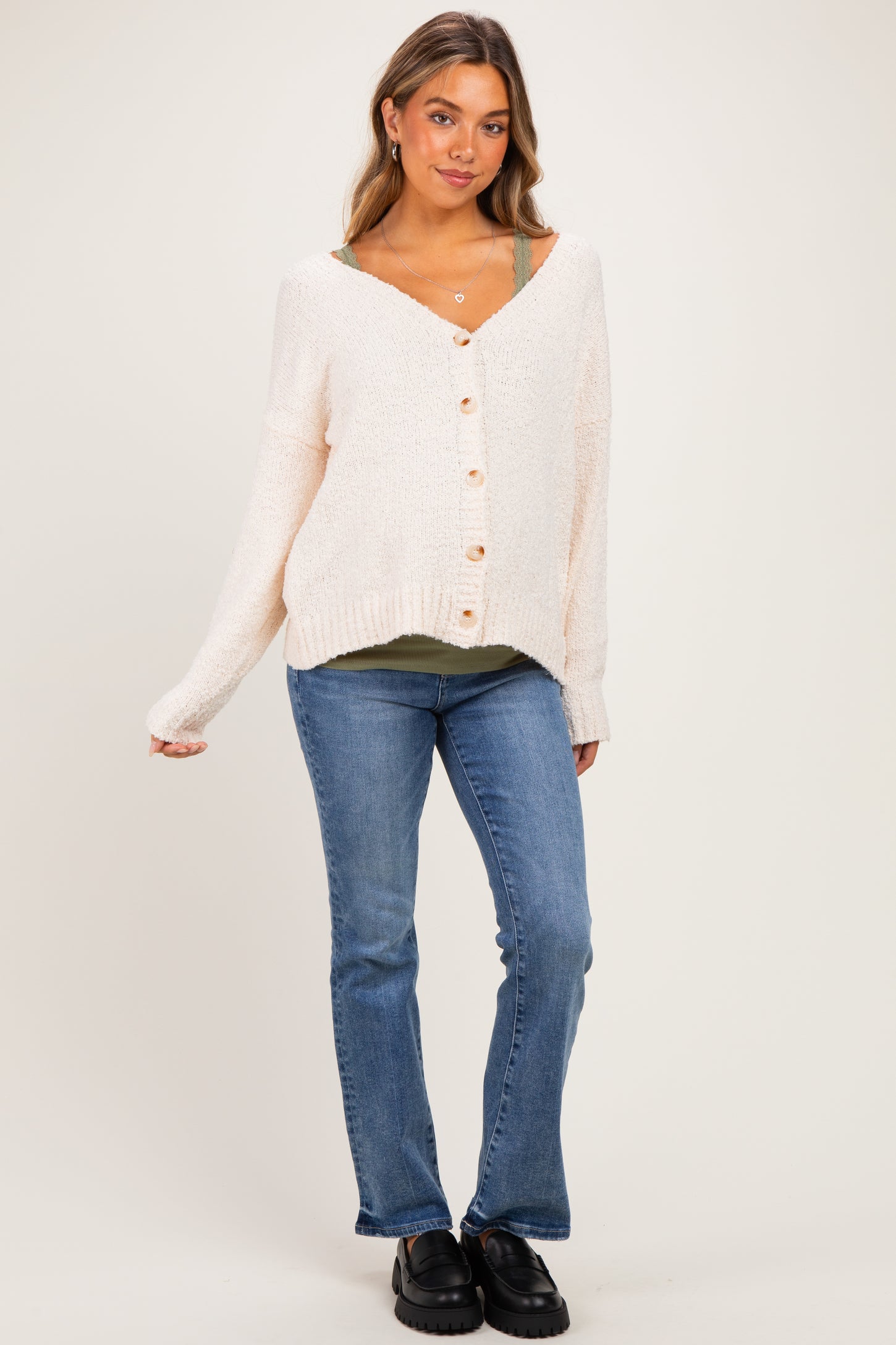 Cream Chenille Knit Button Front Maternity Cardigan