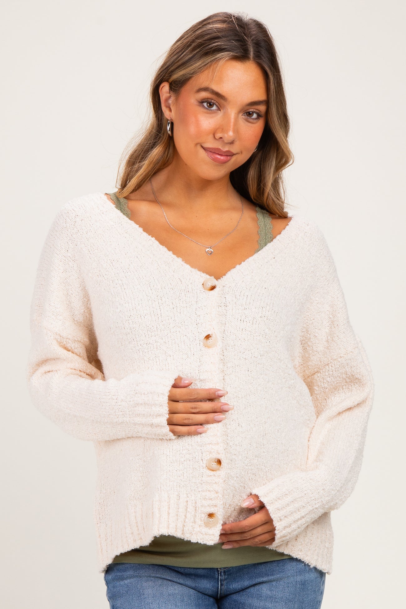 Cream Chenille Knit Button Front Maternity Cardigan
