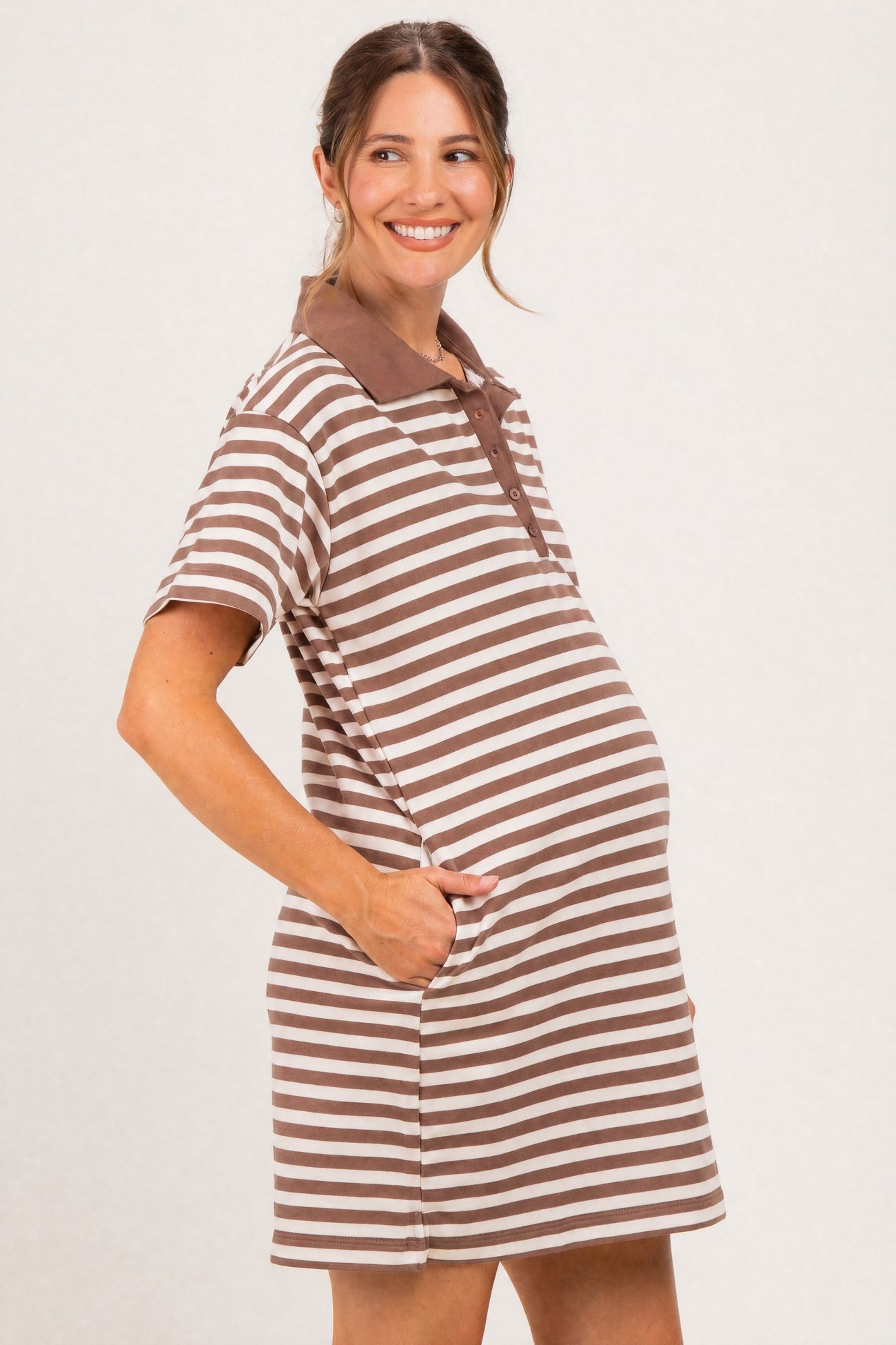 Chestnut Striped Polo Maternity T-Shirt Mini Dress