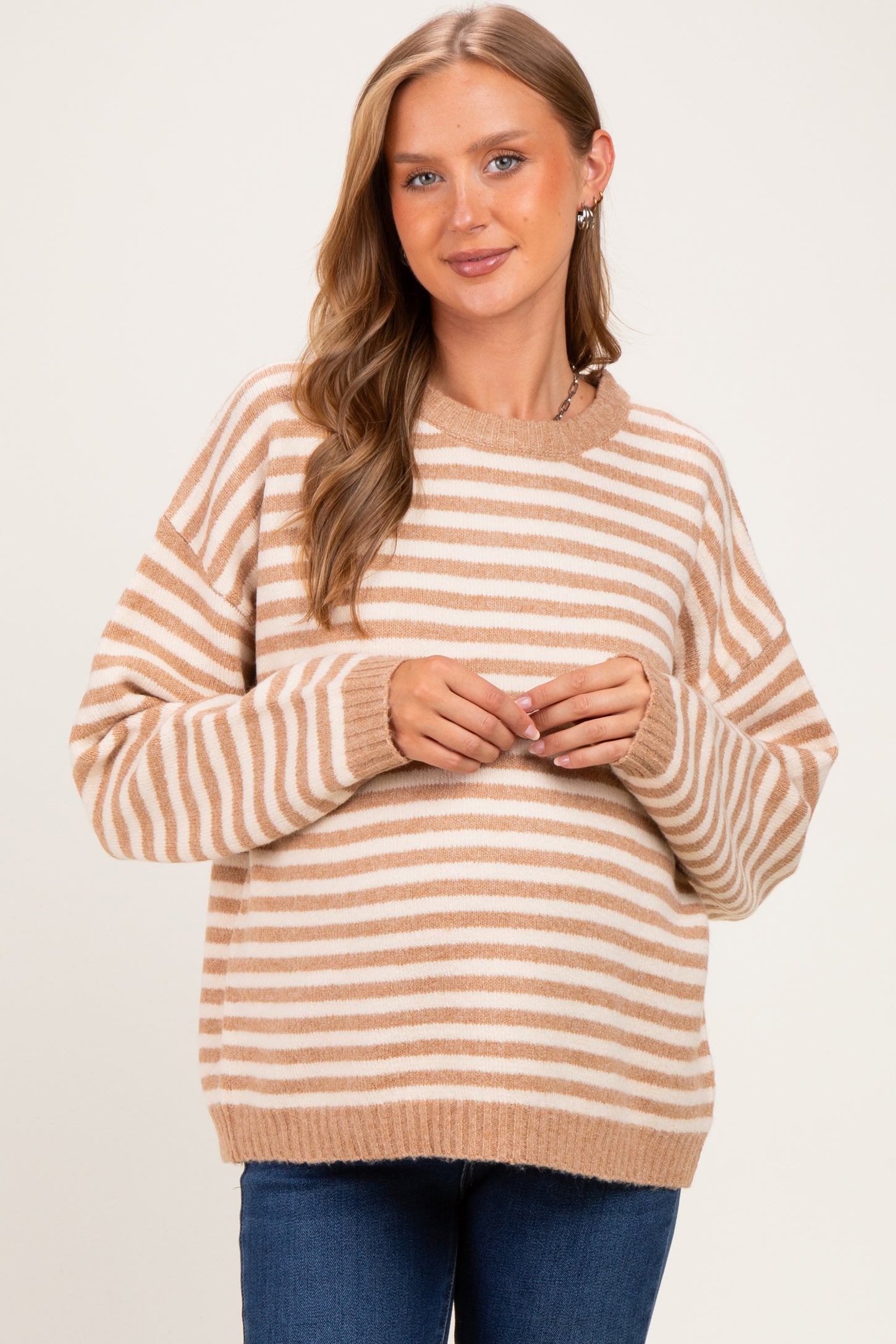 Coffee Brushed Knit Striped Maternity Sweater