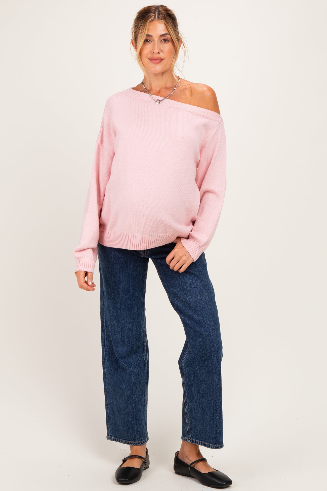 Light Pink Oversized One Shoulder Maternity Sweater