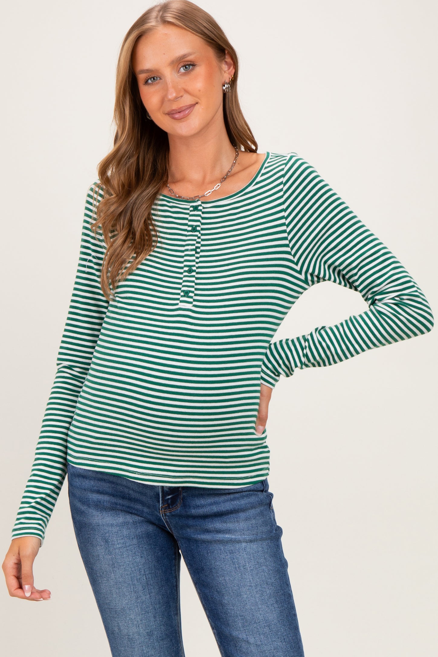 Green Striped Button Henley Maternity Top
