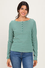 Green Striped Button Henley Maternity Top