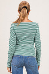 woman wearing a green and white striped long sleeve maternity top, shown from the back with light blue jeans